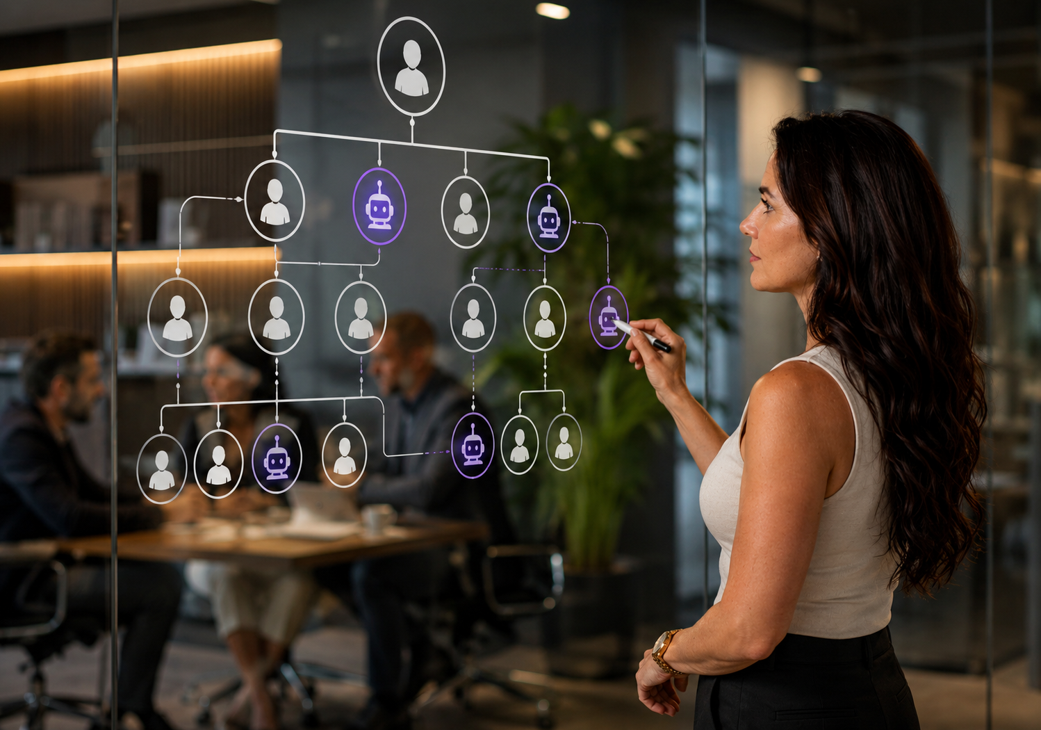 Executive planning an organizational structure that combines people and AI agents using a visual workflow in a modern office.